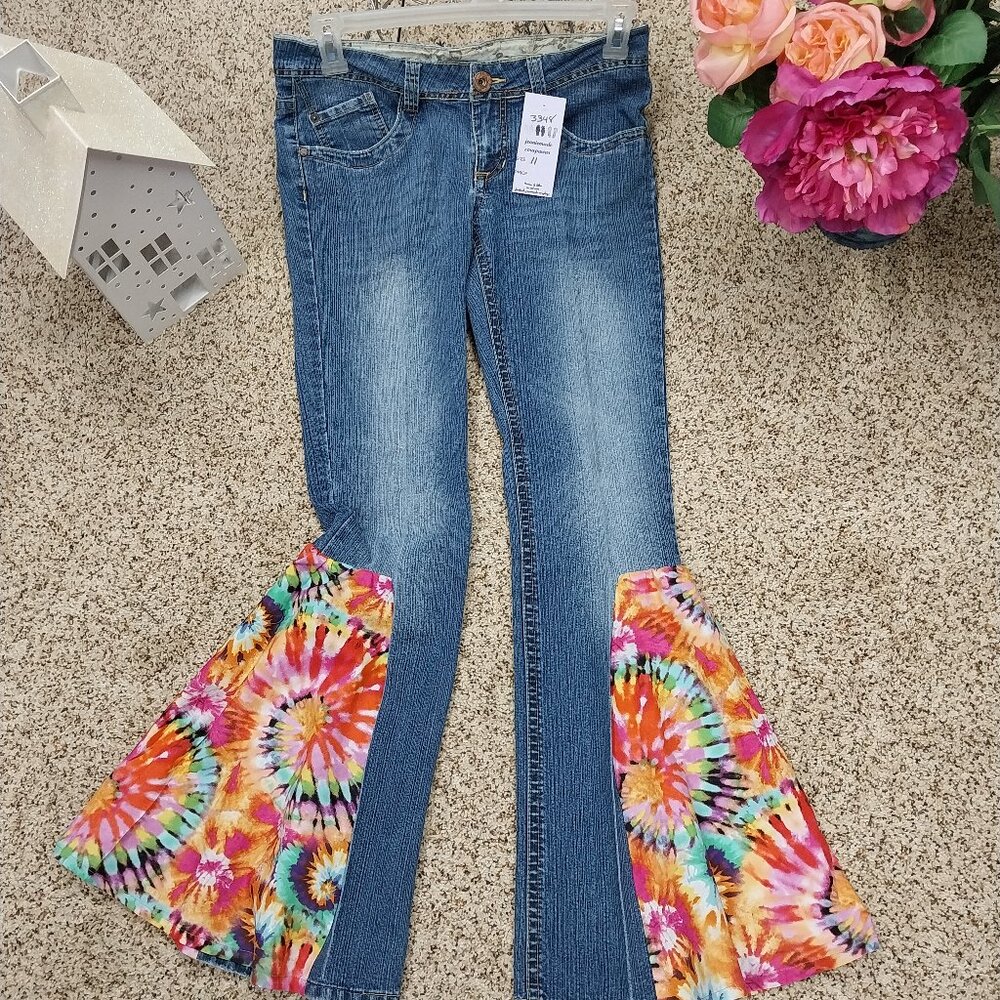 3348 Size 11 Old Navy Upcycled Bell Bottoms in Orange, Yellow and Pink Tie Dye. - Picture 1 of 5
